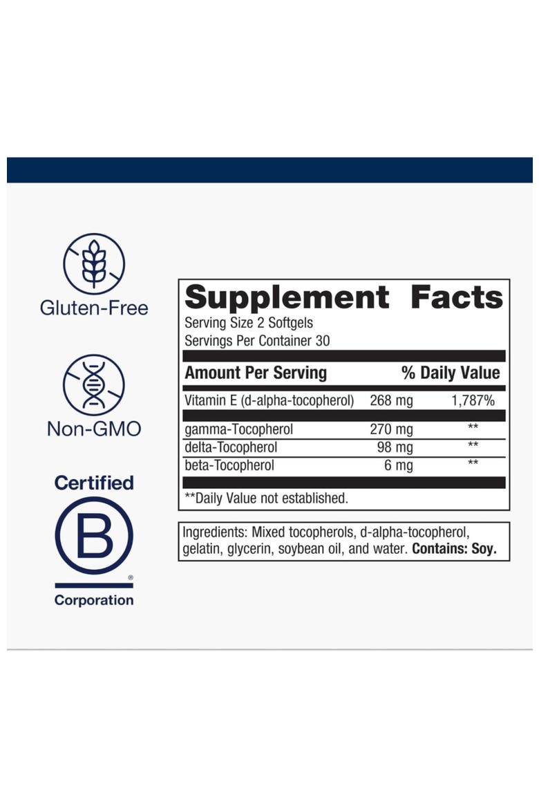 Vitamin E Mixed Tocopherols High Potency Antioxidant Supplement 60 Softgels, Alternate, color, None