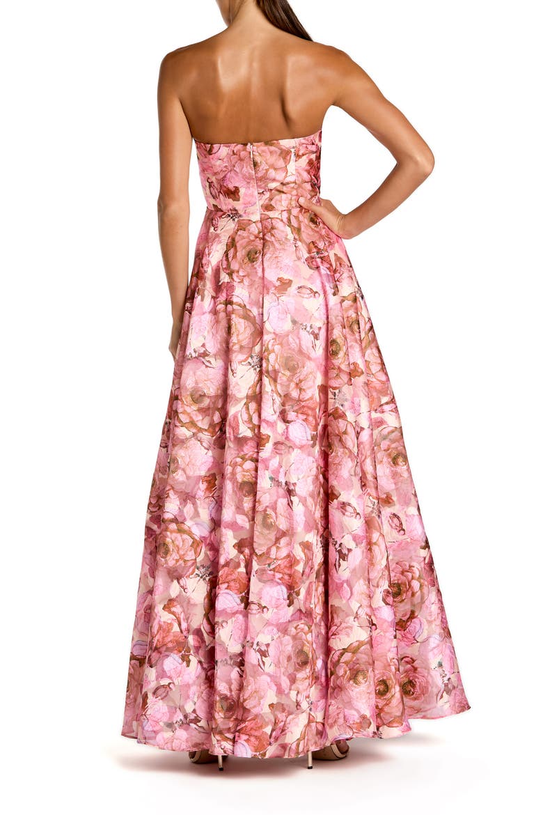 Strapless Floral Printed A-Line Gown With 3D Flower, Alternate, color, Rose Multi