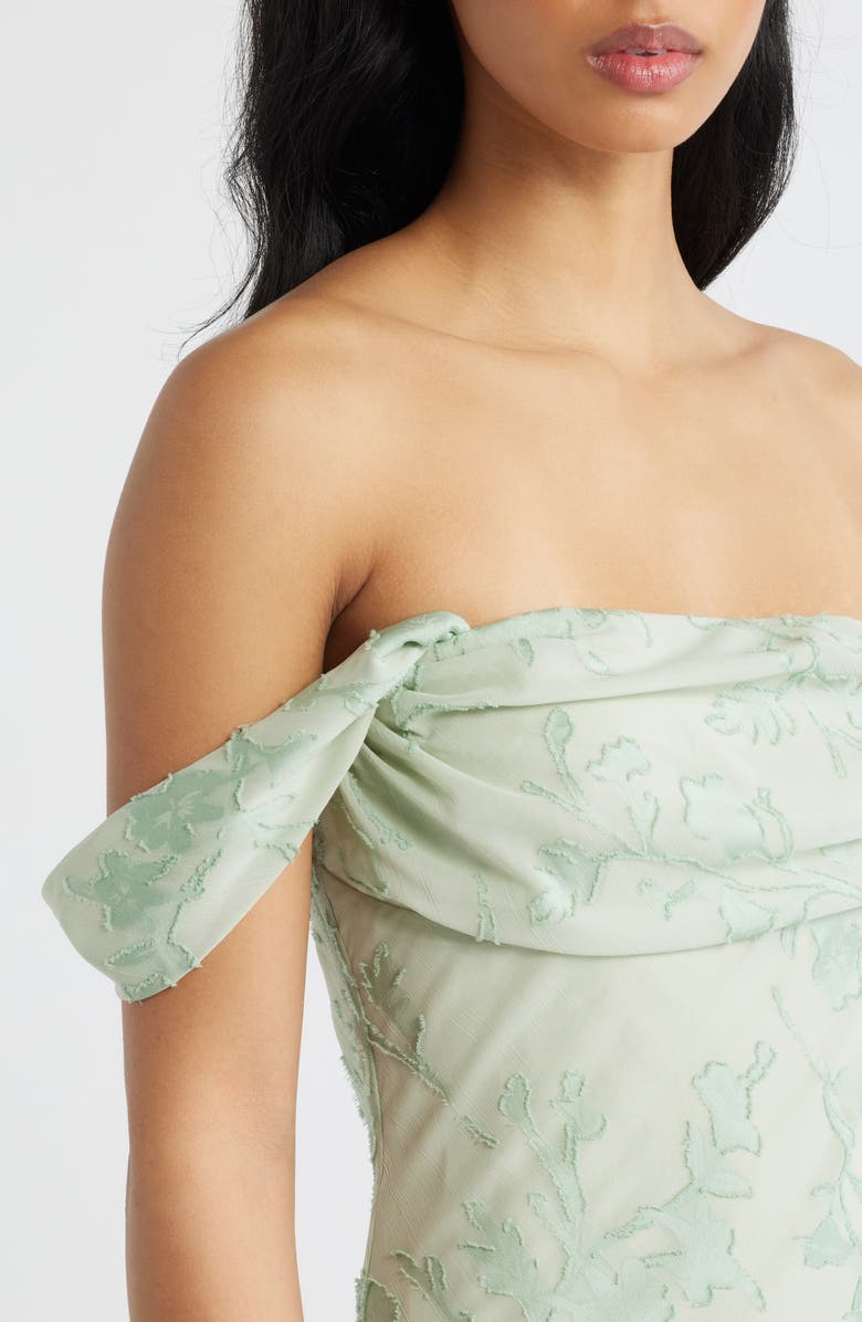 Princess Polly Azura Off the Shoulder Floral Burnout Gown, Alternate, color, Green Burnout