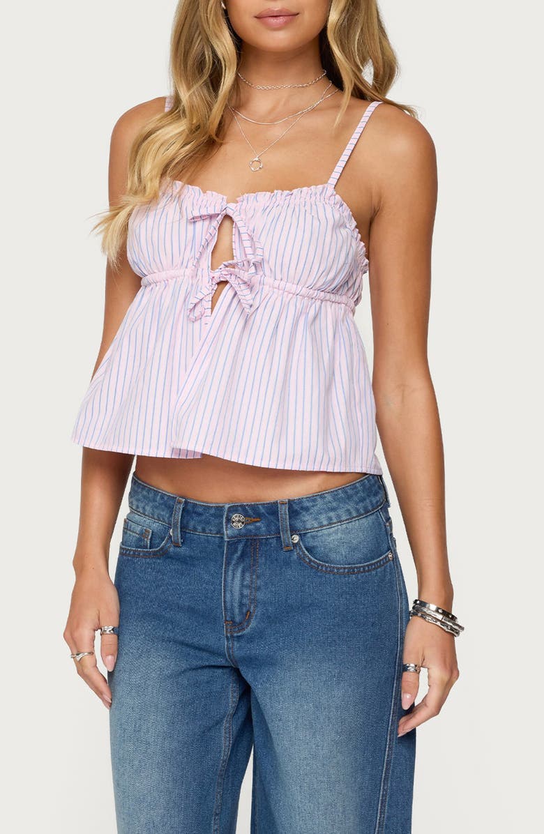 EDIKTED Avenley Stripe Tie Front Babydoll Camisole, Main, color, Pink