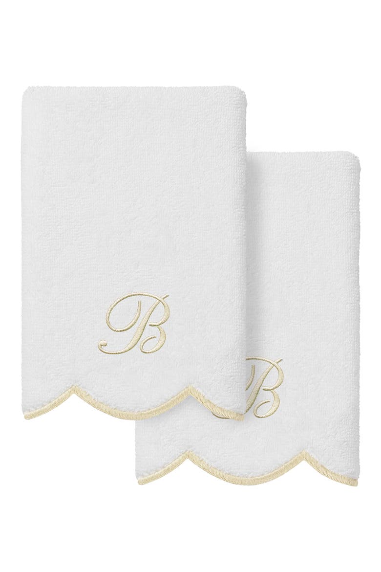 Adornia Scalloped Set of 2 Initial Washcloths, Main, color, WHITE/ BEIGE B