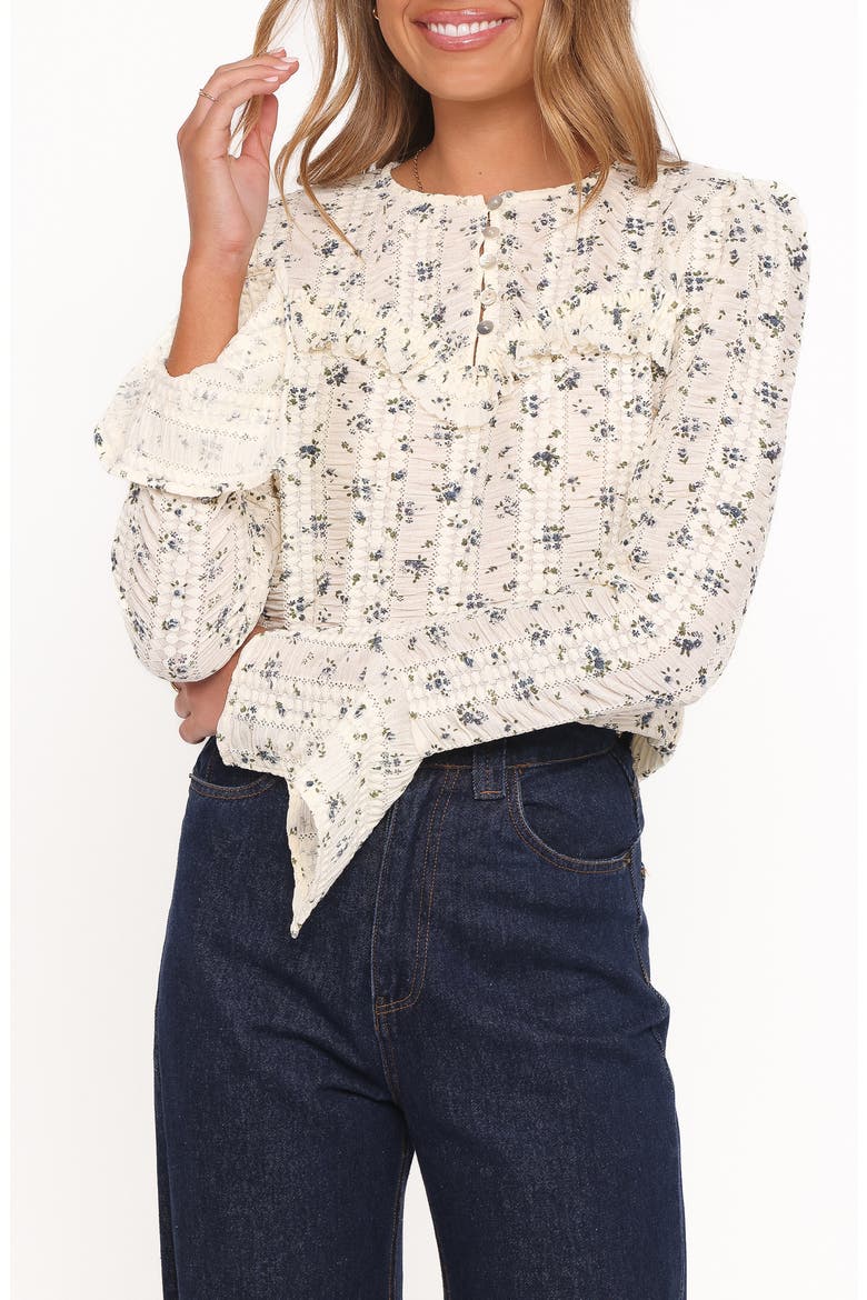 Dria Floral Ruffle Detail Top, Main, color, CREAM BLUE FLORAL