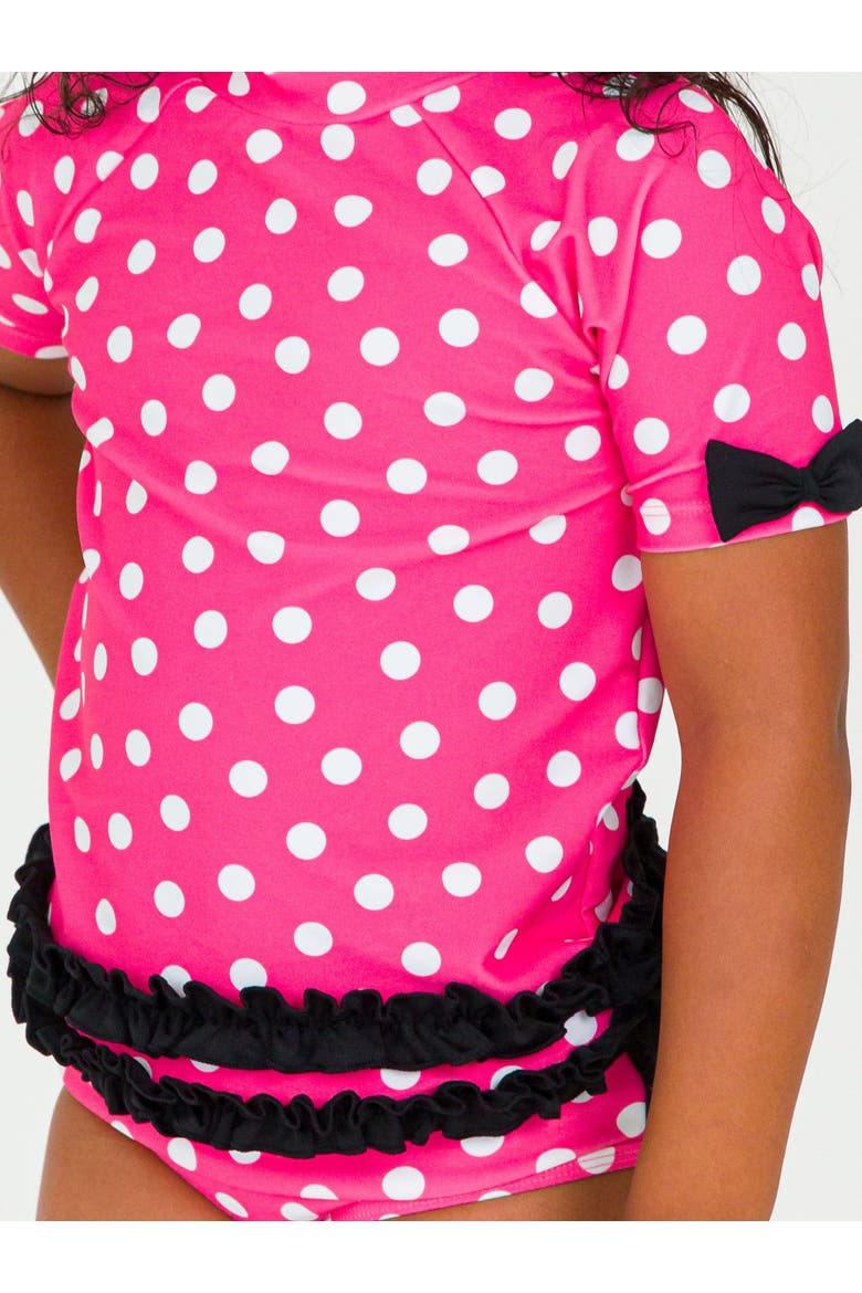Classic Bow Short Sleeve UPF50 Rash Guard 2-Piece Swimsuit with Signature Rear Ruffles, Alternate, color, Hot Pink Polka Dot