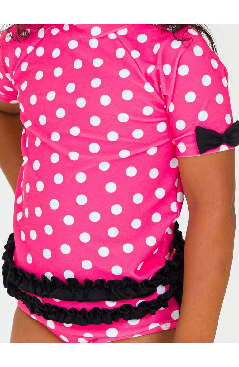 RuffleButts Classic Bow Short Sleeve UPF50 Rash Guard 2-Piece Swimsuit with Signature Rear Ruffles, Alternate, color, Hot Pink Polka Dot