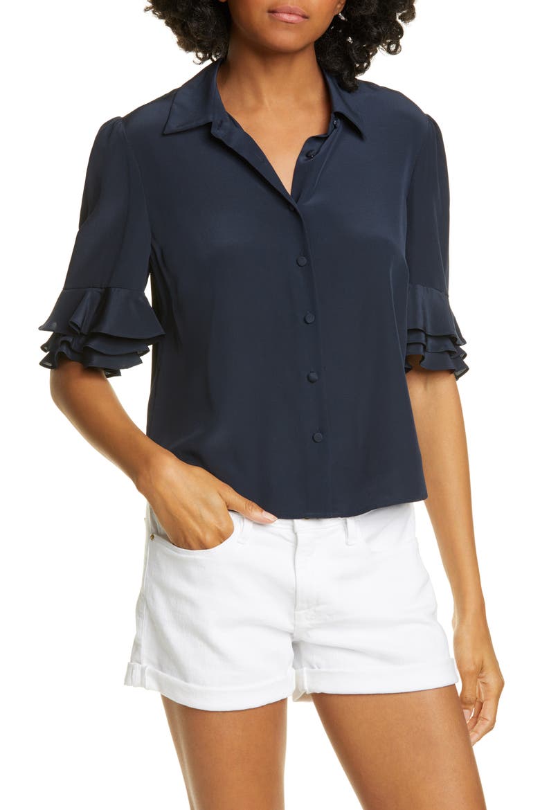 Ruffle Sleeve Silk Top, Main, color, DARK NAVY