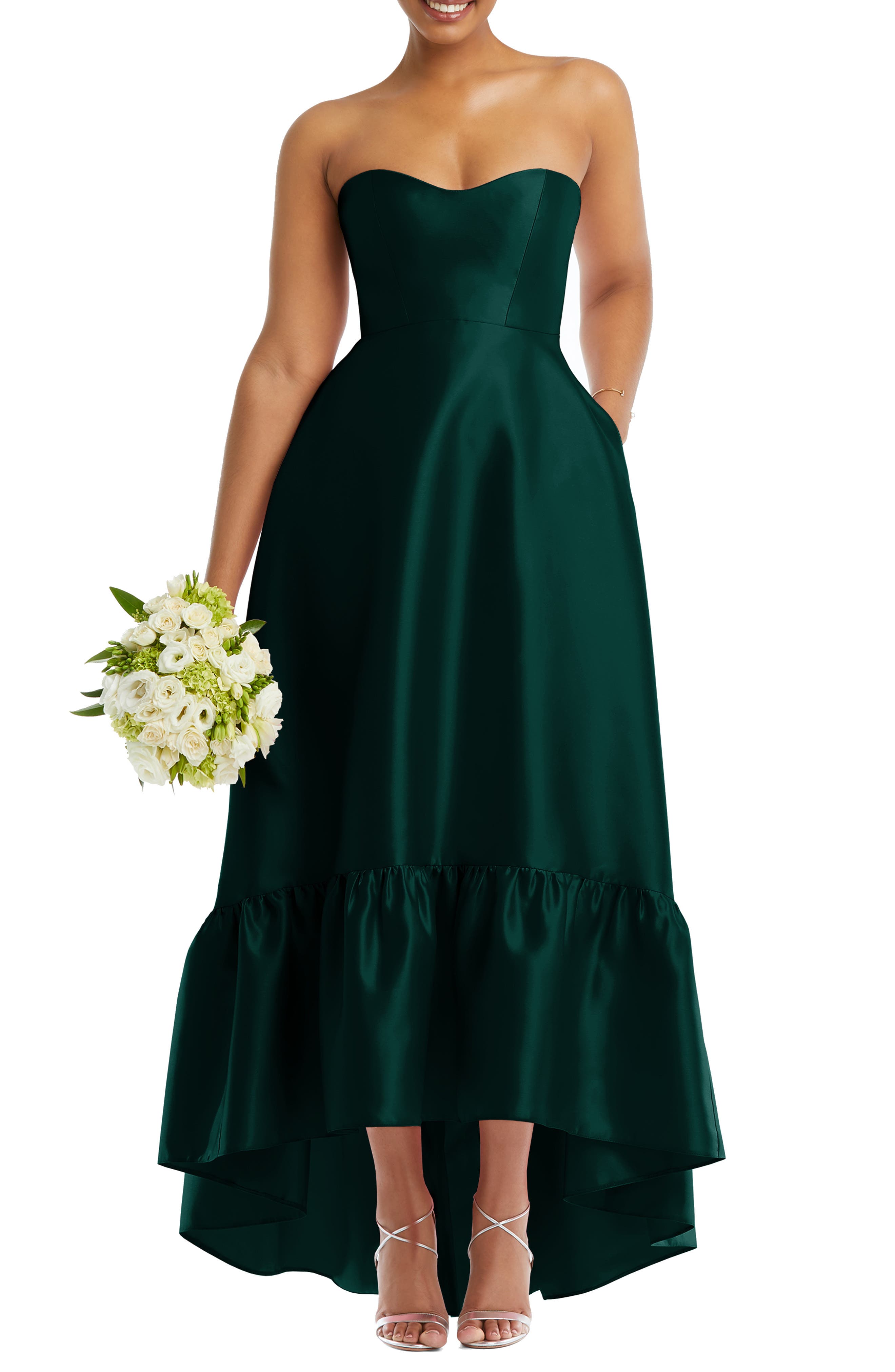 Alfred Sung Strapless Ruffle High-Low Satin Gown in Evergreen 