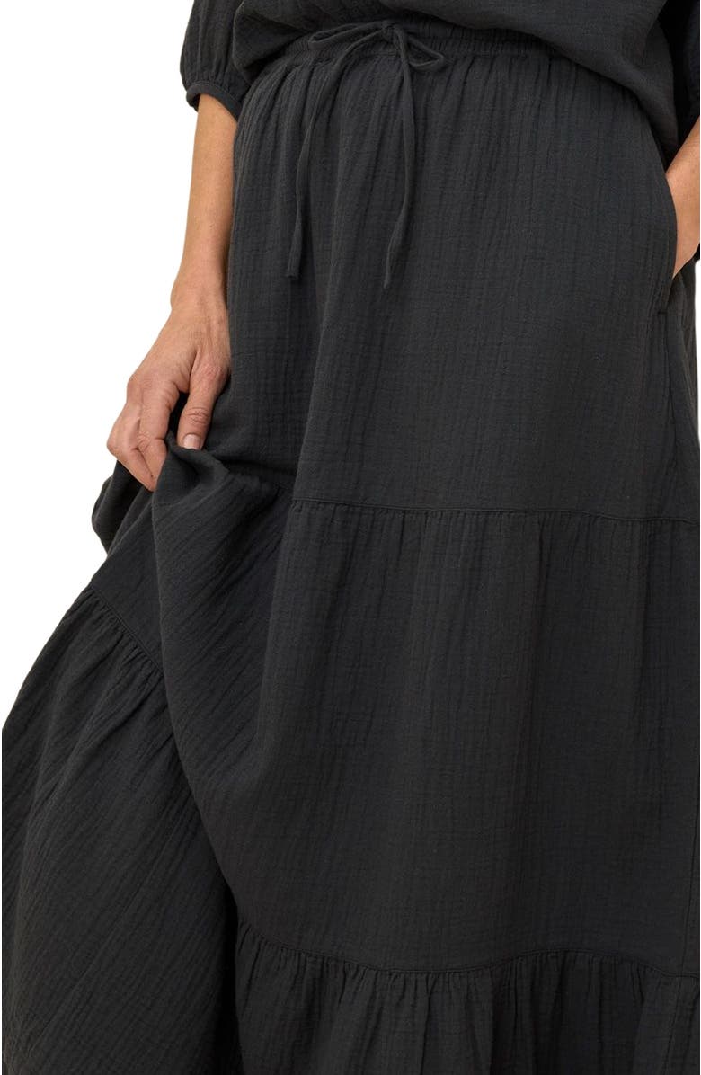 Pact Organic Cotton Coastal Double Gauze Tiered Maxi Skirt, Main, color, Black