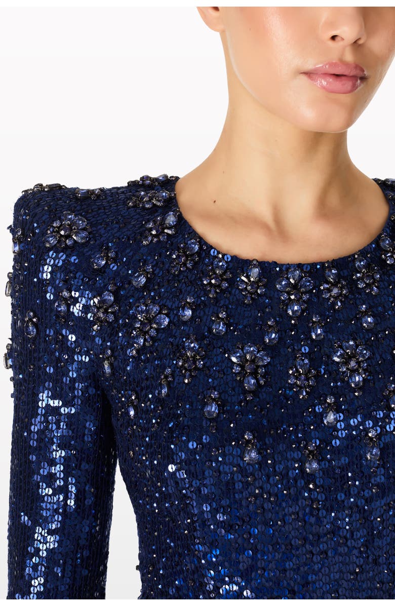 Jenny Packham Georgia Sequined Long-Sleeve Gown, Alternate, color, Light Navy