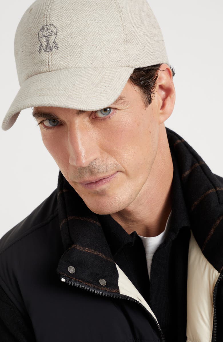 Brunello Cucinelli Wool and cashmere chevron baseball cap with embroidered logo, Alternate, color,