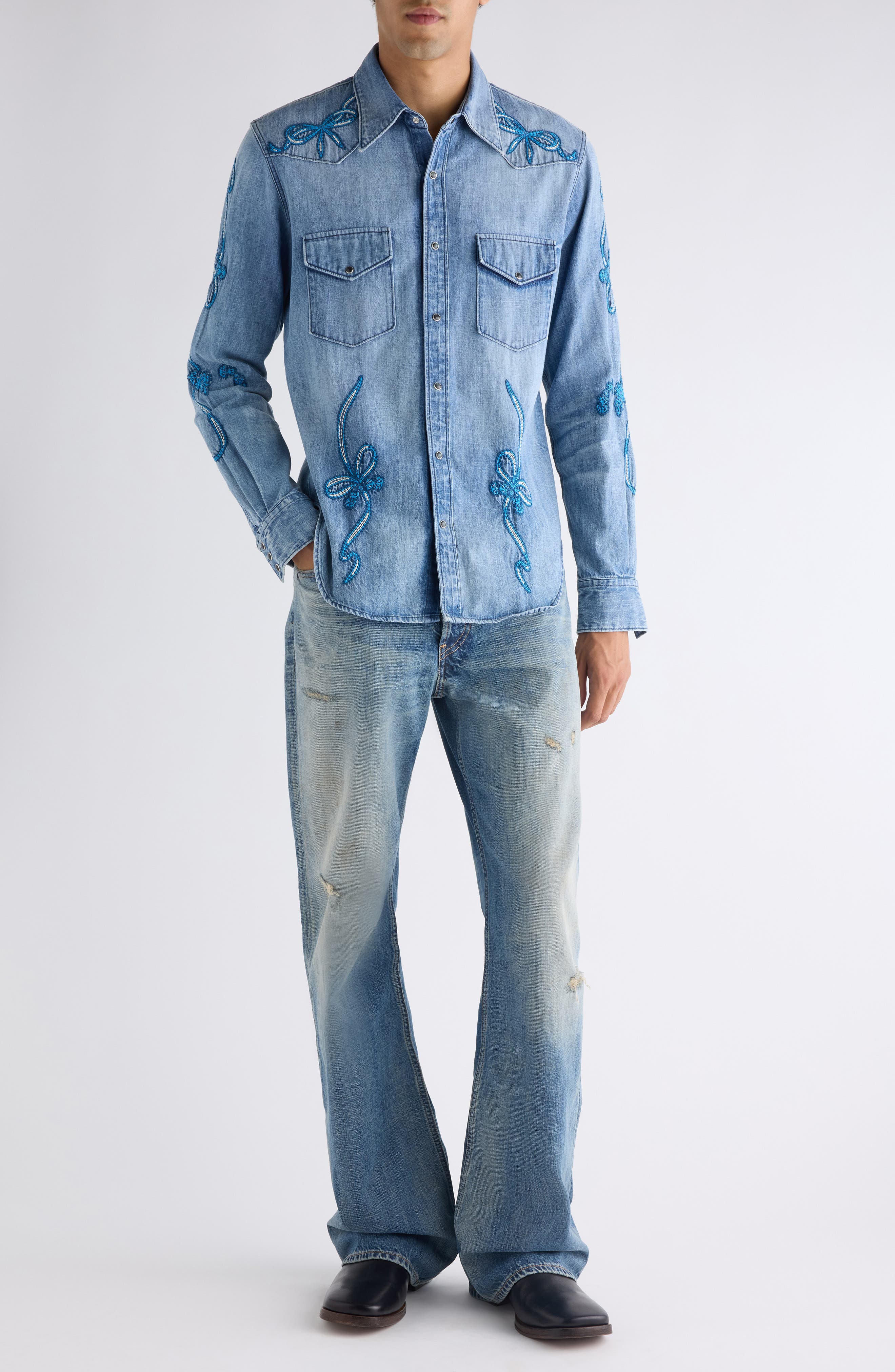 Surrow Embroidered Organic Cotton Denim Western Shirt - image 2