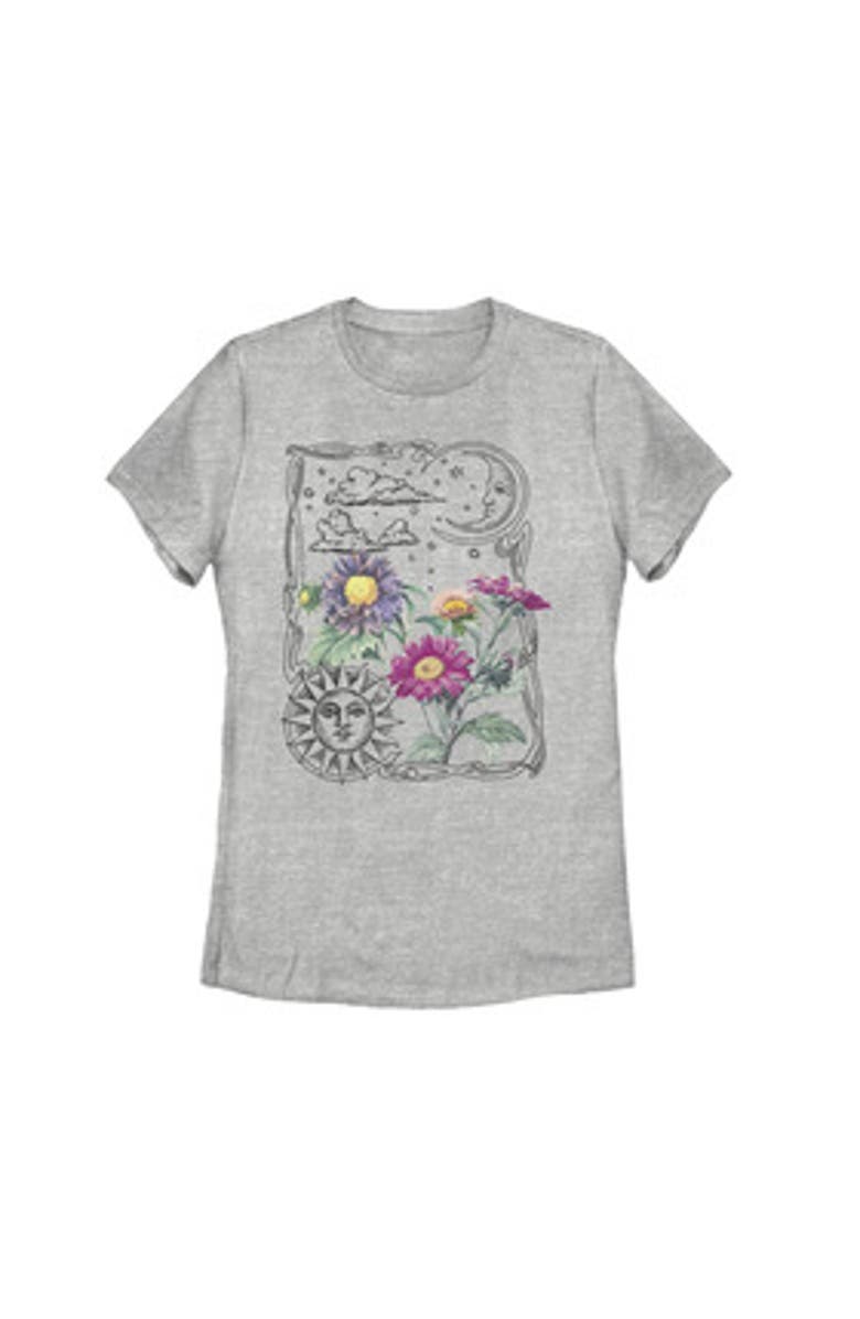 Lost Gods Women's Lost Gods Boho Sun Moon Flowers  Graphic T-Shirt, Alternate, color, Athletic Heather