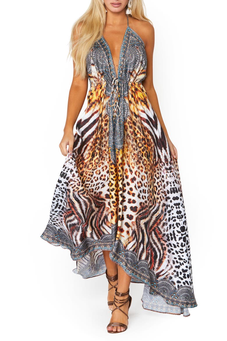 Plunge Neck Halter Maxi Dress, Main, color, BROWN