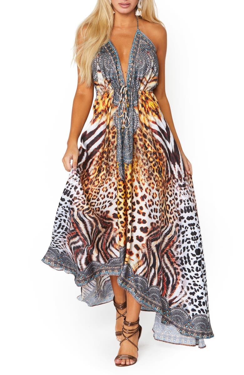 RANEES Plunge Neck Halter Maxi Dress, Main, color, Brown