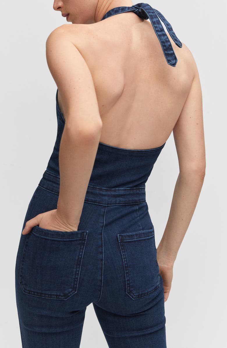 MANGO Denim Halter Jumpsuit, Alternate, color, Dark Blue