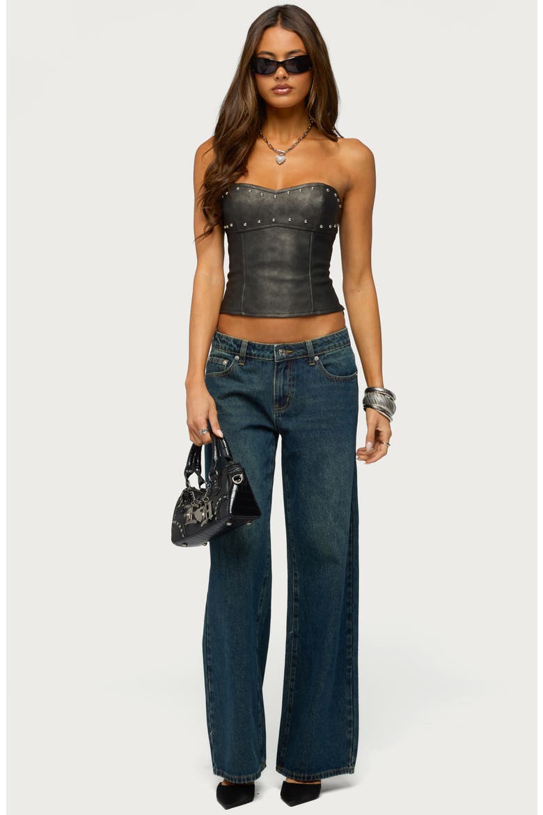Izara Studded Strapless Faux Leather Top, Alternate, color, BLACK-WASHED