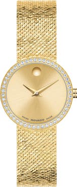 Movado Museum Velura Lab Grown Diamond Mesh Strap Watch, 25mm