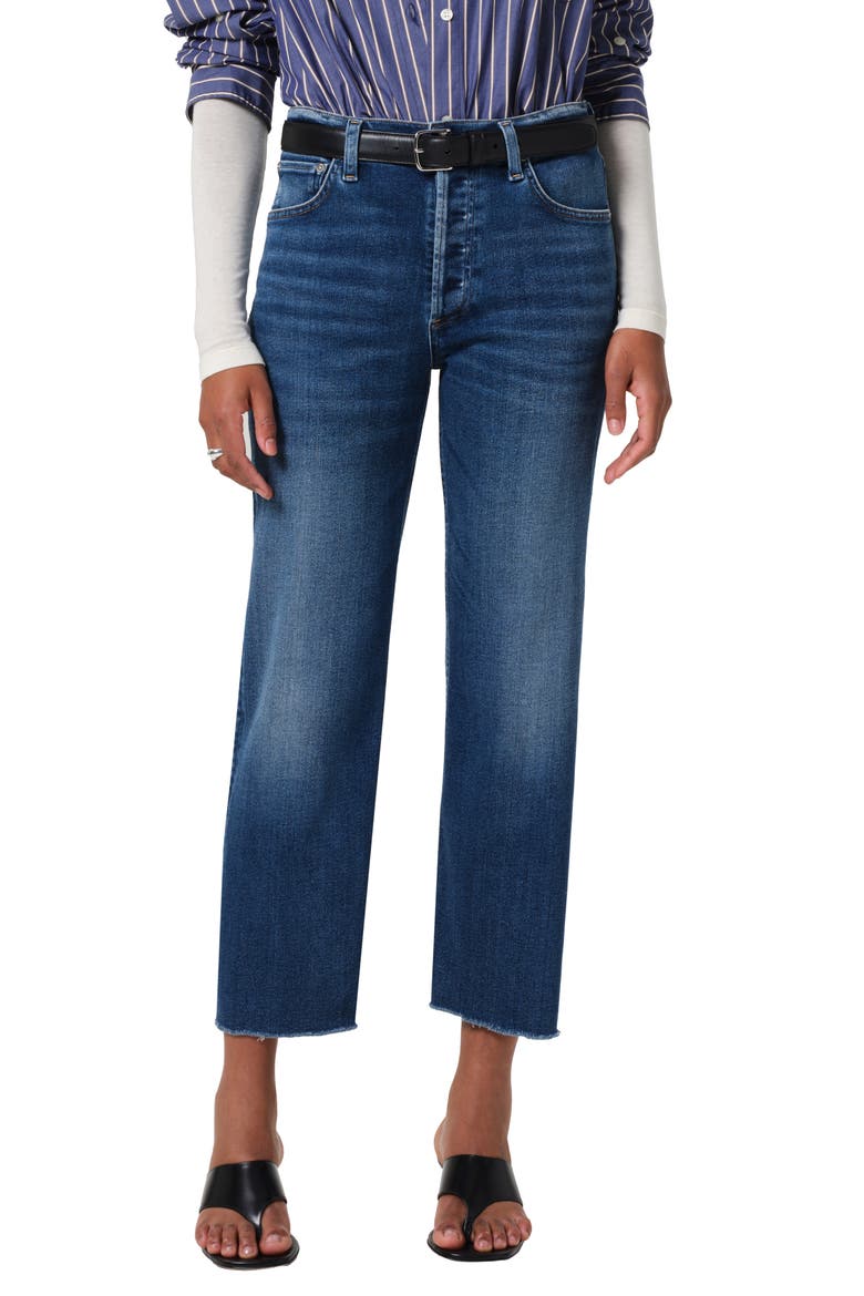 Palma Frayed High Waist Straight Leg Jeans, Main, color, AMBRY