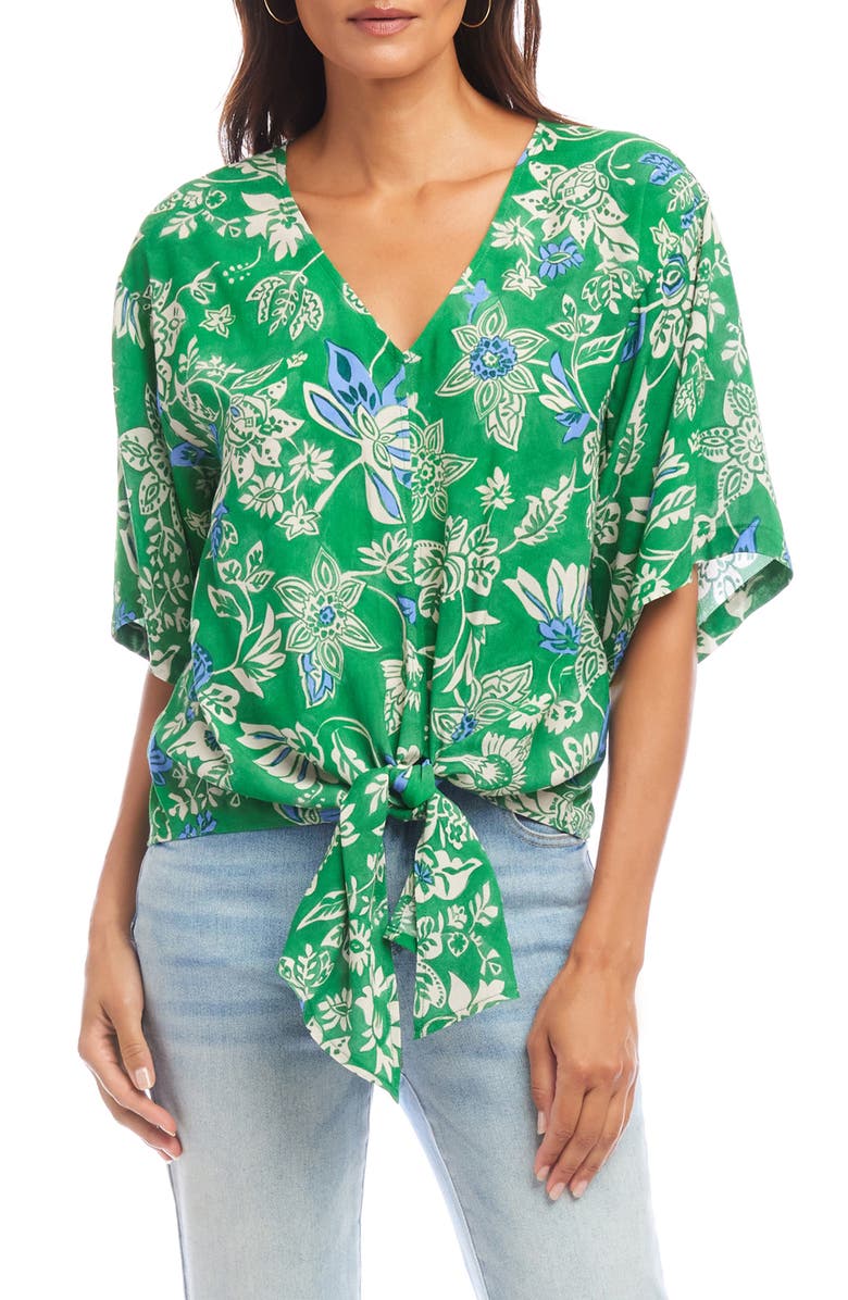 Karen Kane Floral Flutter Sleeve Tie Front Top, Main, color, Green Print