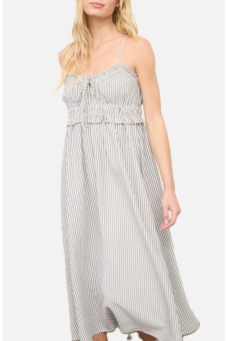 Stripe Ruffle Shirred Seersucker Midi Dress, Alternate, color, BLACK