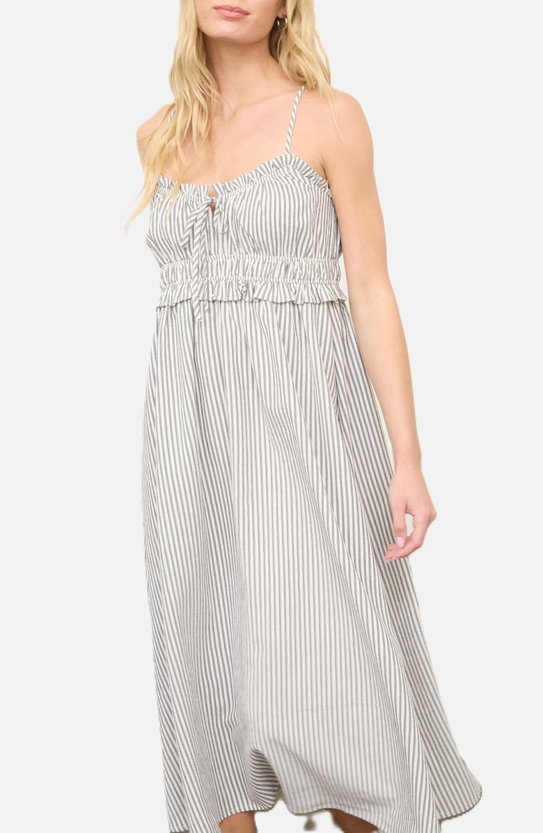 Blu Pepper Stripe Ruffle Shirred Seersucker Midi Dress, Alternate, color, Black