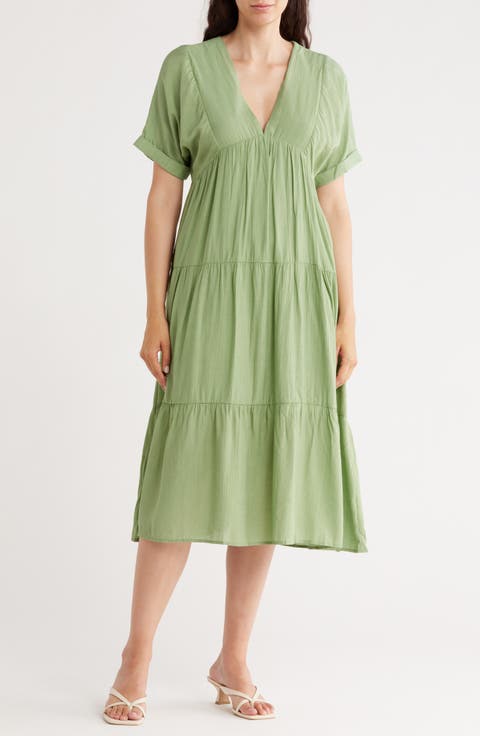 Drop Shoulder Tiered Babydoll Midi Dress