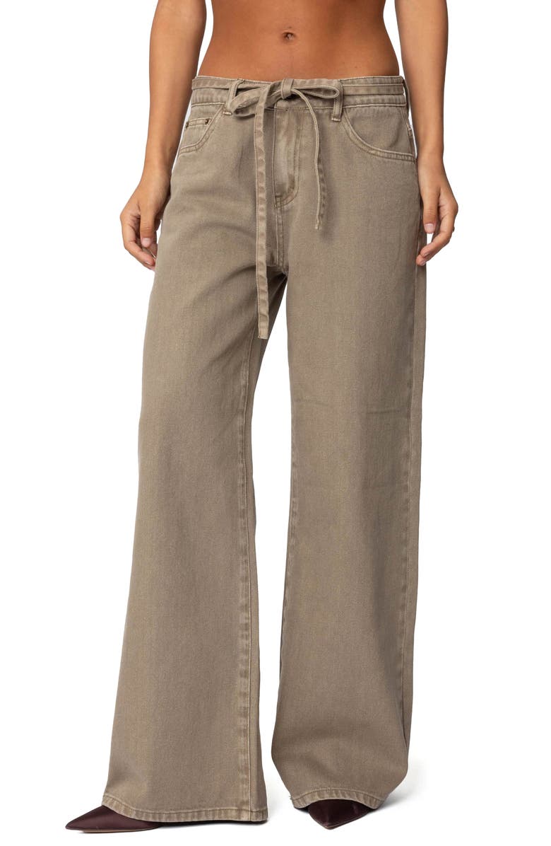 EDIKTED Hudson Oversize Tie Belt Wide Leg Jeans, Main, color, Olive-Washed
