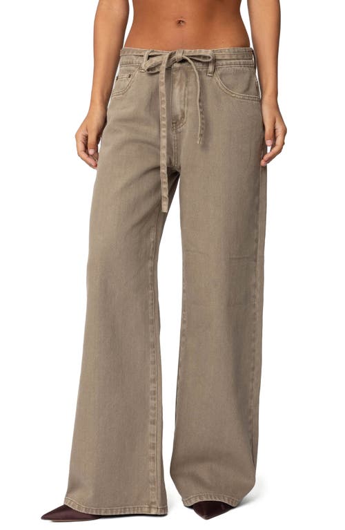 Shop Edikted Hudson Oversize Tie Belt Wide Leg Jeans In Olive-washed