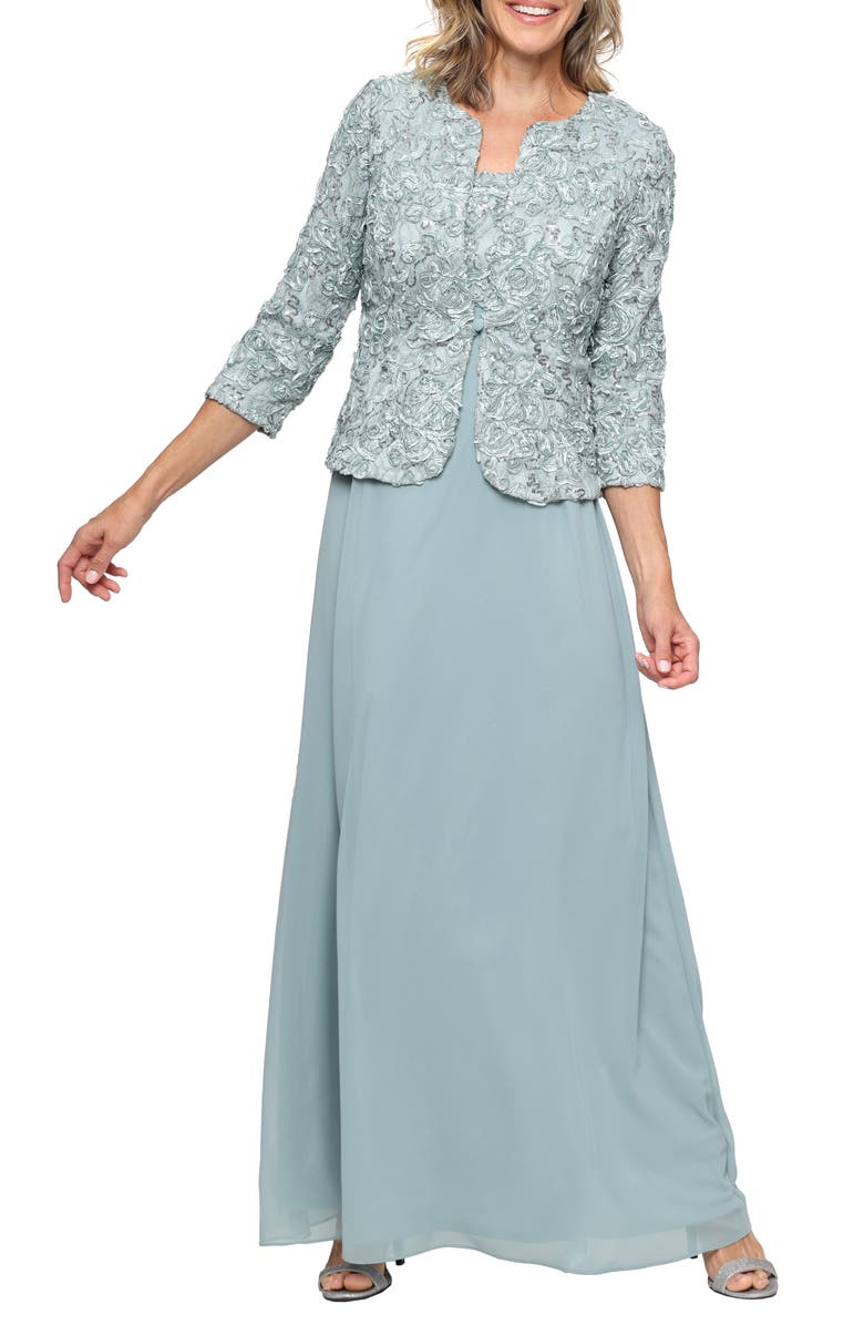 Alex Evenings Embellished Empire Waist Gown with Soutache Jacket, Main, color, 