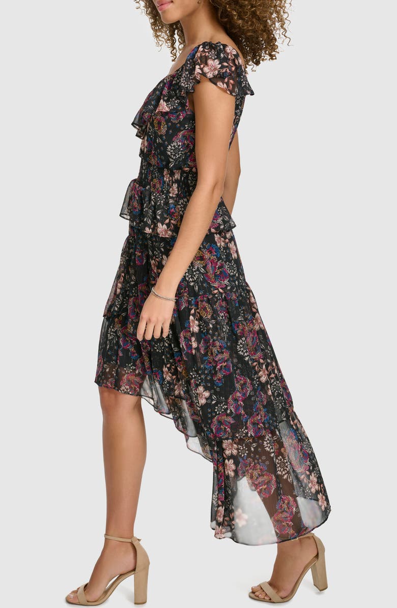Kensie Ruffle High Low Dress, Alternate, color, Black Multi