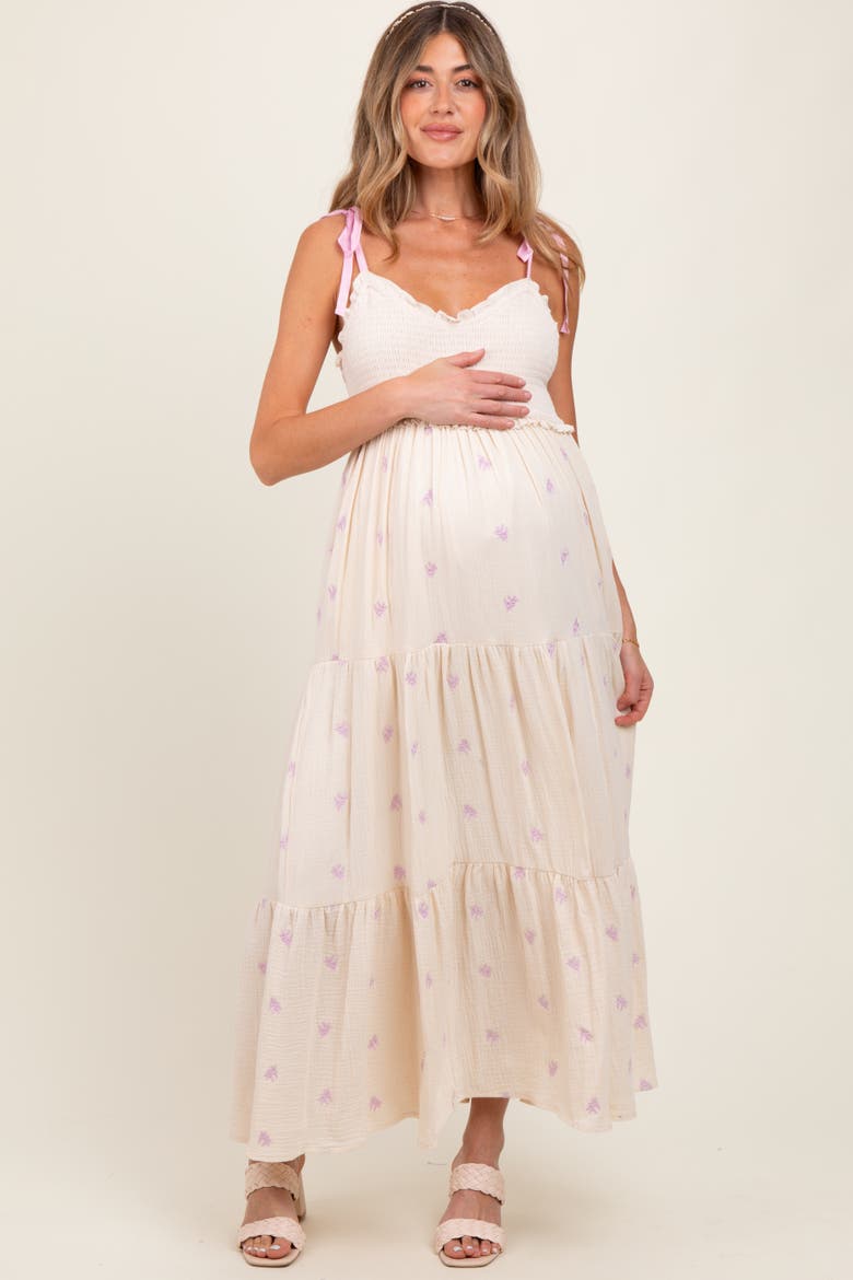 Embroidered Smocked Shoulder Tie Maxi Dress, Main, color, Cream