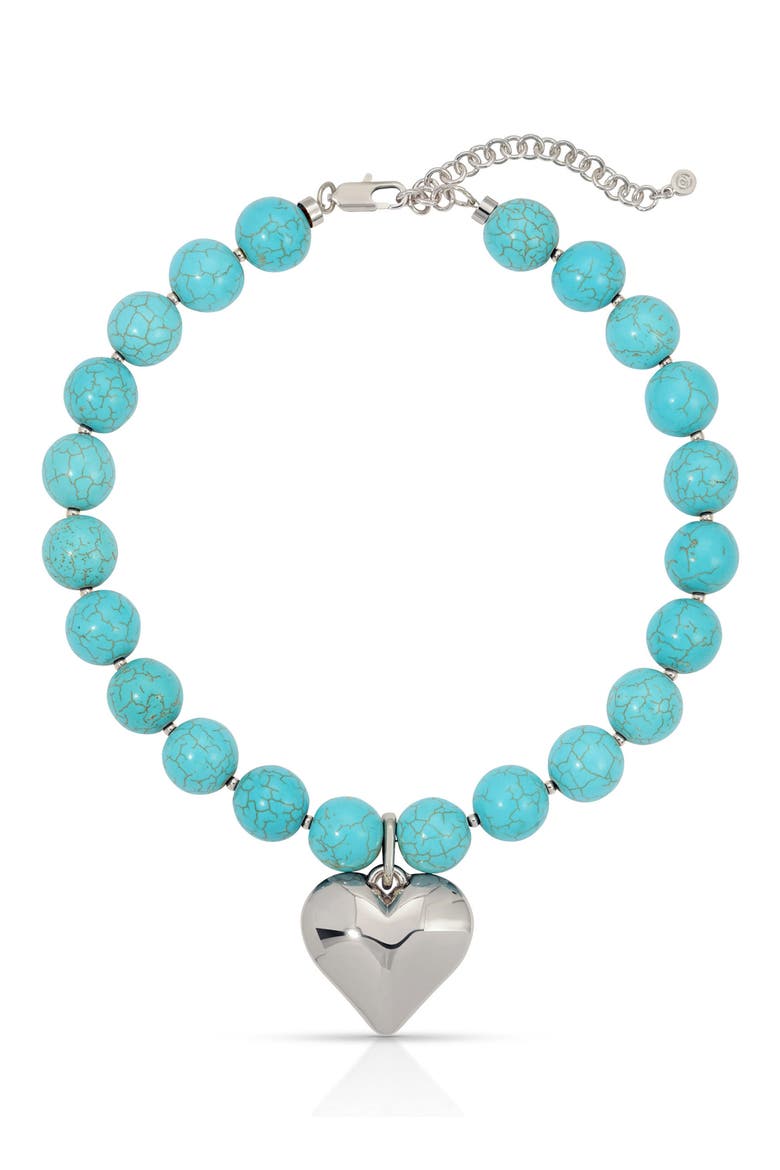 Luck & Love Stone Puffy Heart Pendant Necklace, Alternate, color, TURQUOISE AND SILVER