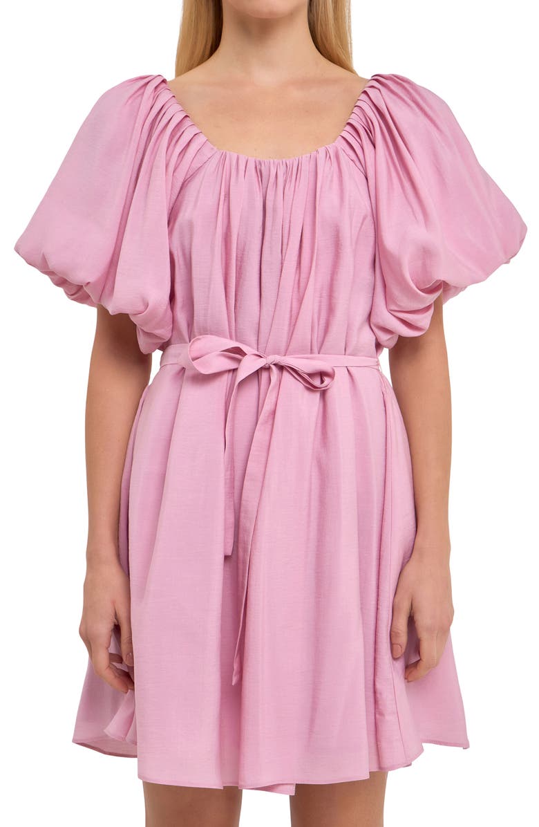 Endless Rose Pleated Puff Sleeve Cotton Blend Minidress, Alternate, color, Pink