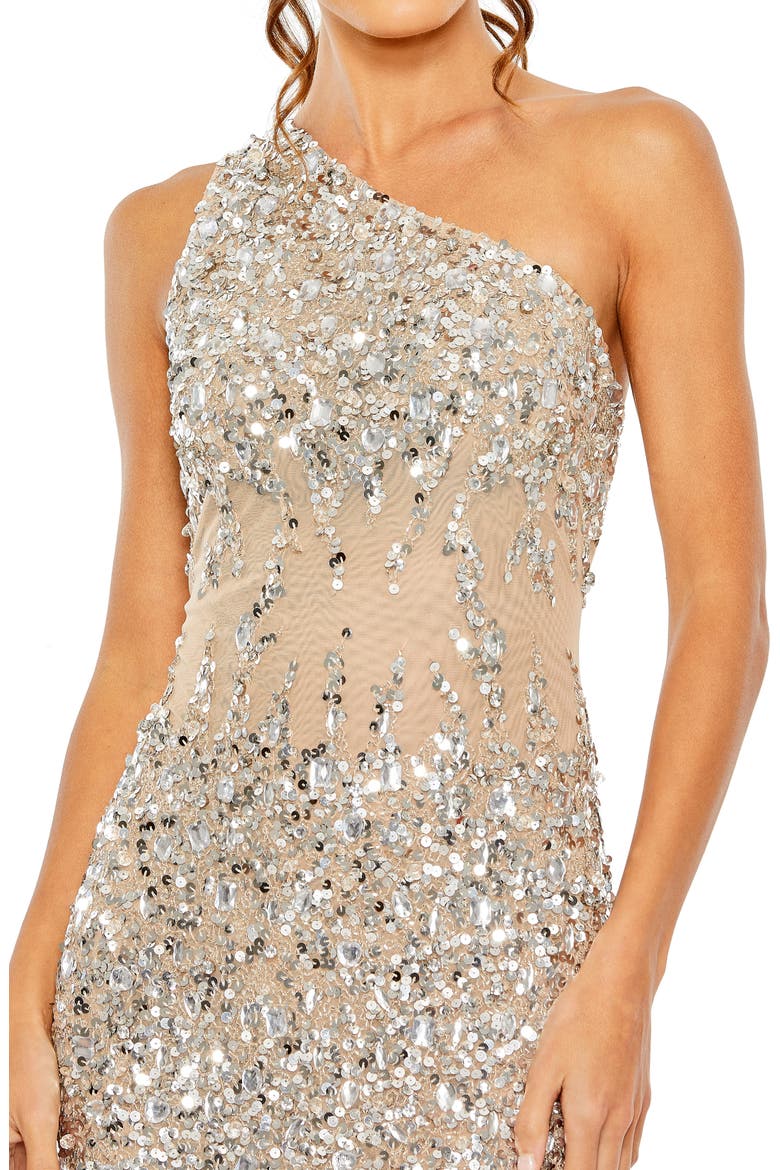 One Shoulder Sheer Hand Beaded  Mini Dress, Alternate, color, SILVER