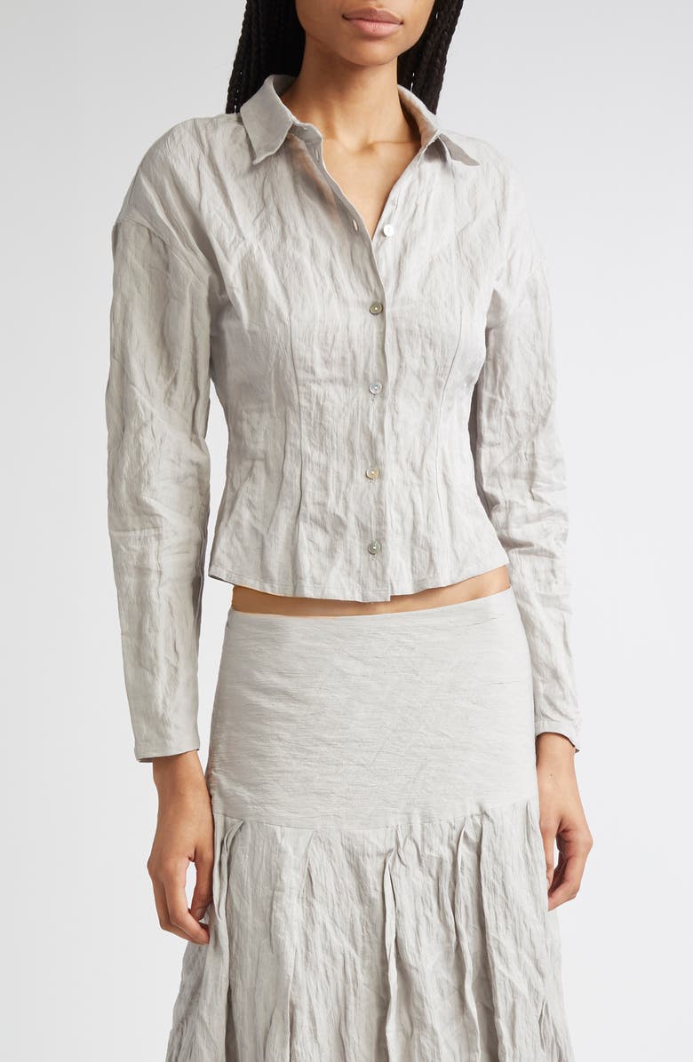 Paloma Wool Aneko Crinkle Cotton Blend Crop Button-Up Shirt, Main, color, Grey