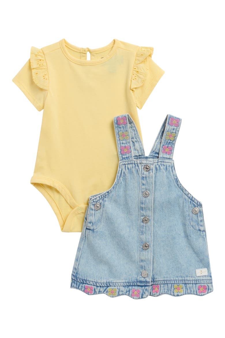 Ruffle Bodysuit & Denim Pinafore Dress Set, Main, color, LIGHT VINTAGE