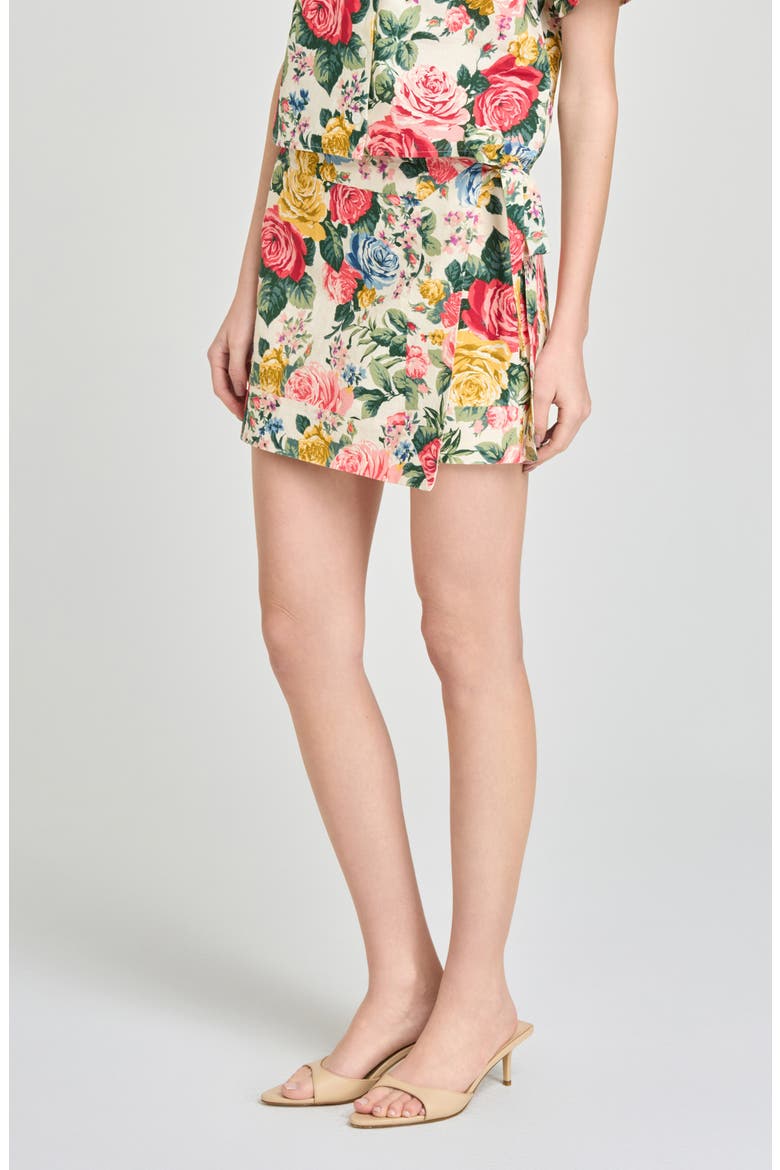 Amelia Floral Linen Blend Wrap Miniskirt, Alternate, color, IVORY ROSES