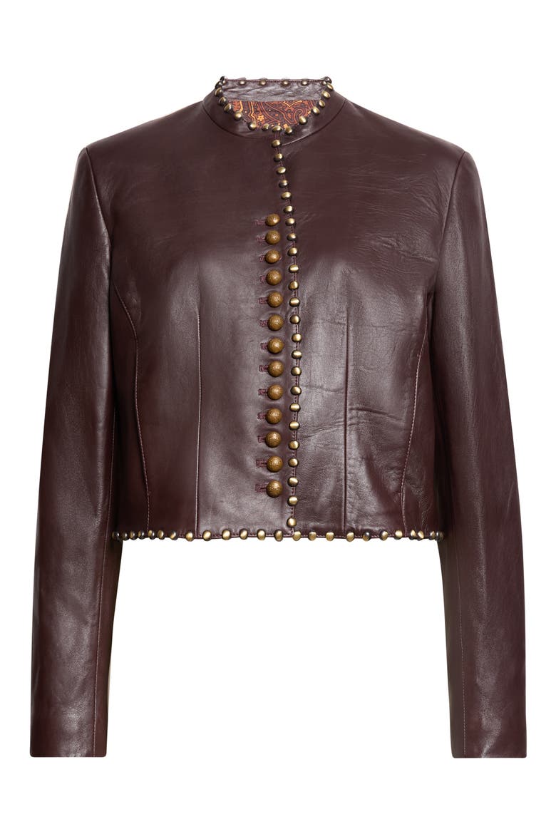 Crop Studded Leather Jacket, Main, color, BORDEAUX