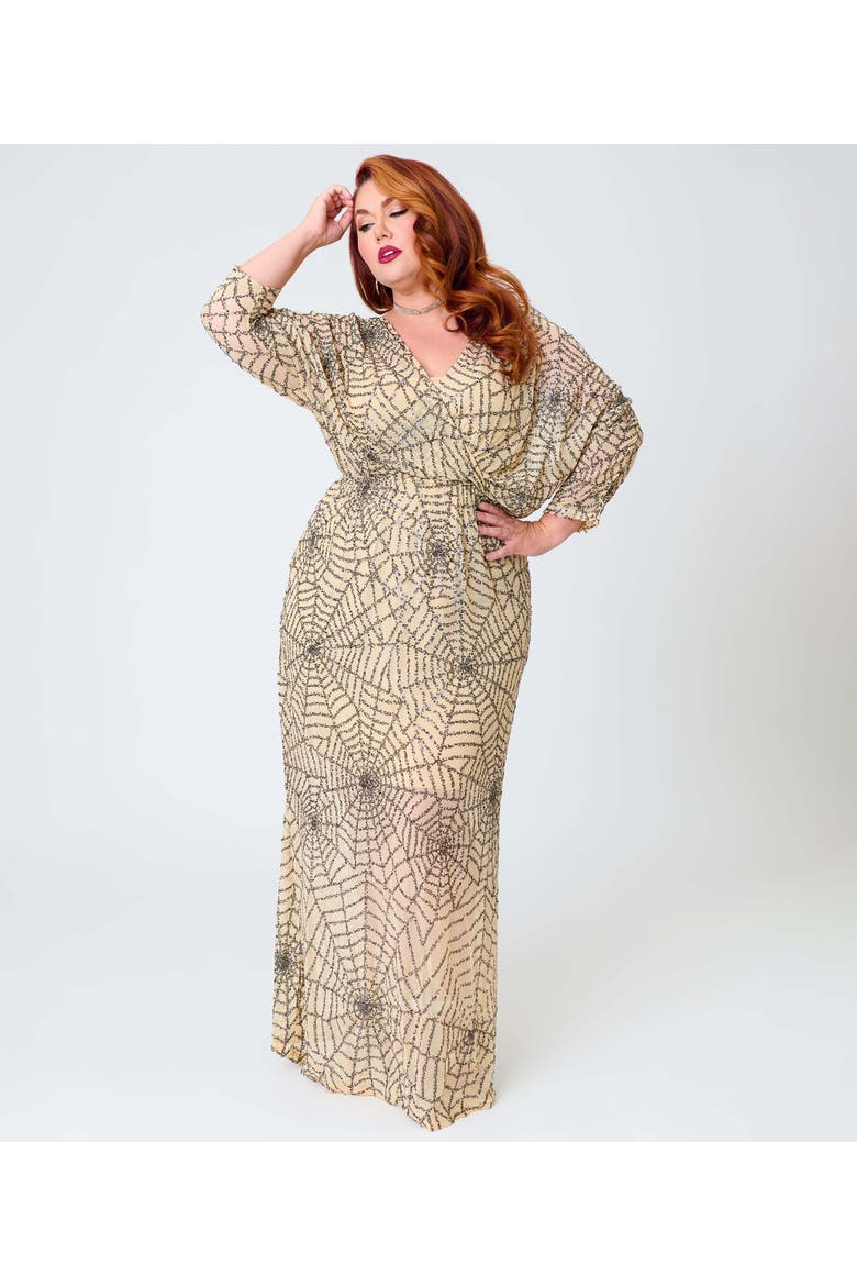 Plus Size Sequin Faux Wrap Maxi Dress, Main, color, Beige Spider Web Print