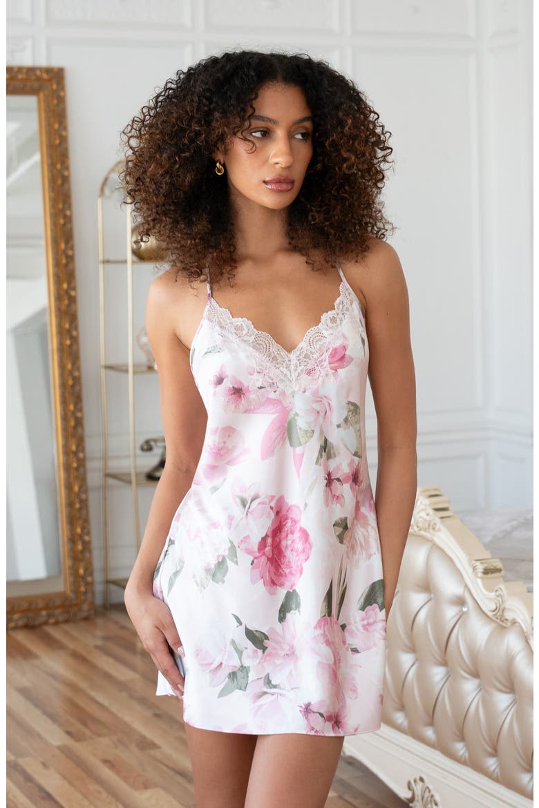 Jovie Floral Lace Trim Satin Chemise, Alternate, color, ROSEWATER