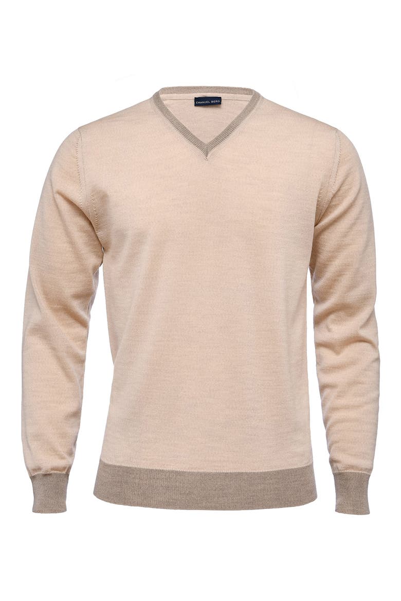 Fine Gauge Merino Wool V-Neck Sweater, Main, color, LIGHT BEIGE