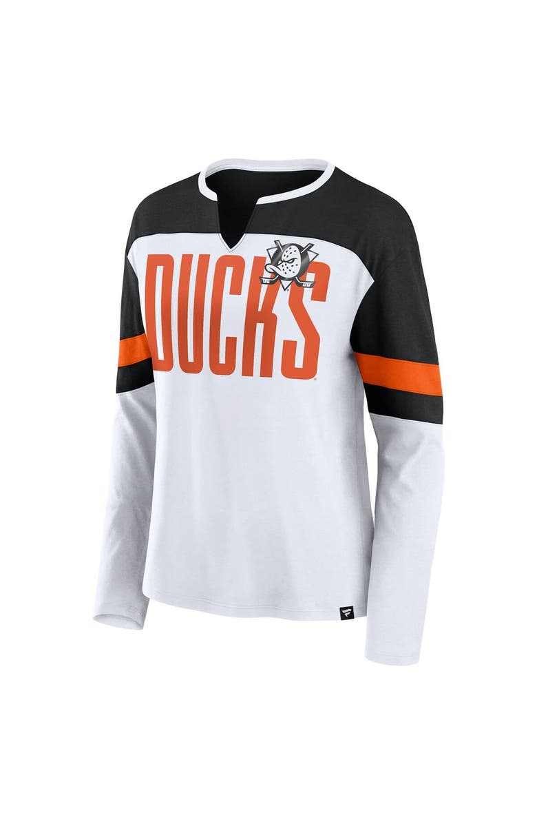FANATICS Women's Fanatics White/Black Anaheim Ducks Frozen Long Sleeve Notch Neck T-Shirt, Alternate, color, White