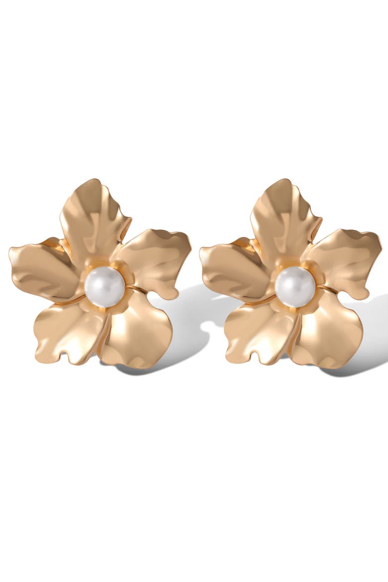 Flower Earrings with Pearl Center, Main, color, Gold