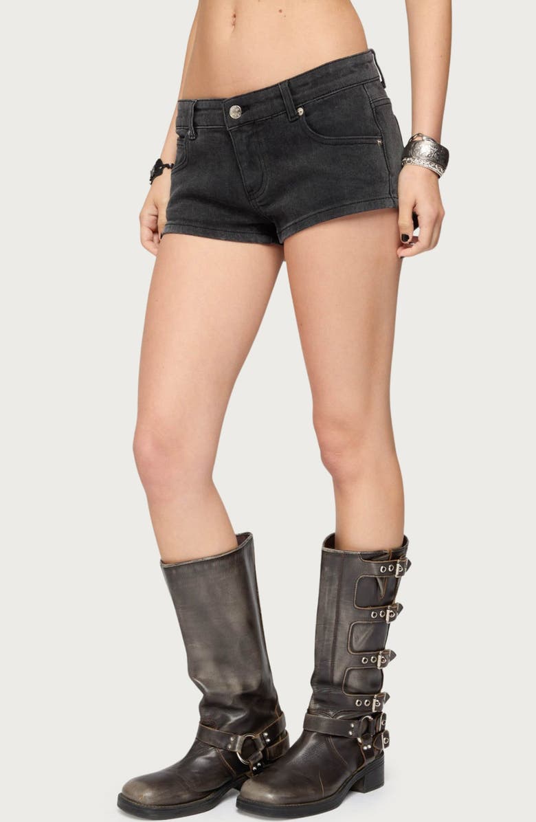 EDIKTED Syra Zip Detail Low Rise Denim Shorts, Alternate, color, Black-Washed