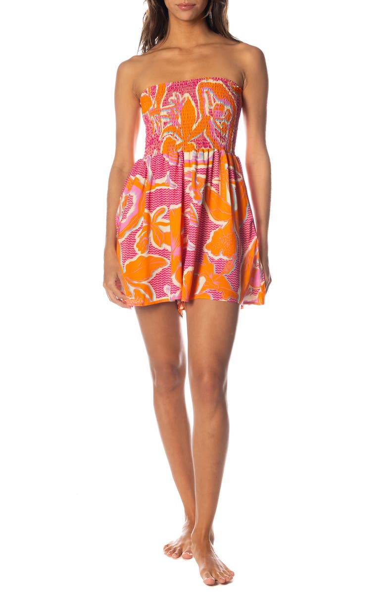 Maaji Betty Flamingo Glow Strapless Cover-Up Romper, Main, color, Open Purple