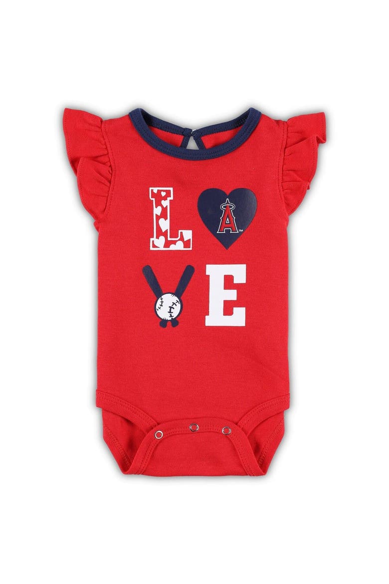 Newborn & Infant Red/Navy Los Angeles Angels Three-Piece Love of Baseball Bib Bodysuit & Booties Set, Alternate, color, Red