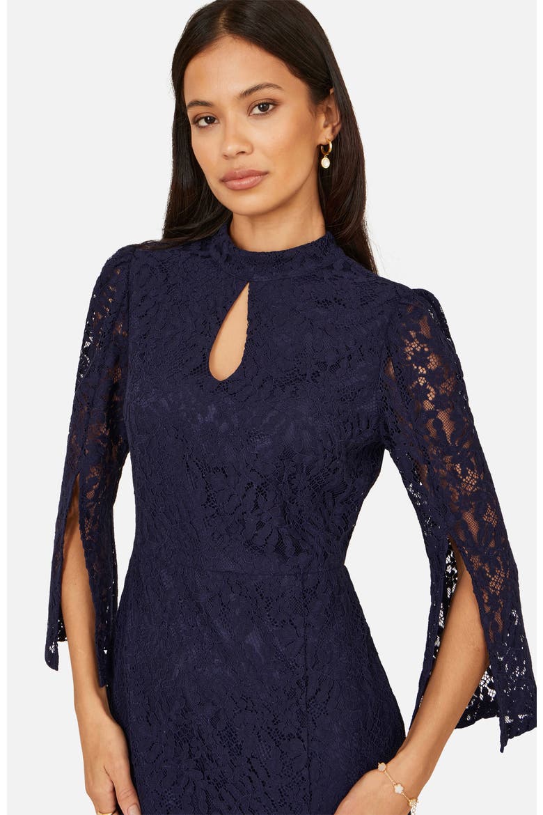 Lace Fitted Midi Dress, Alternate, color, Navy