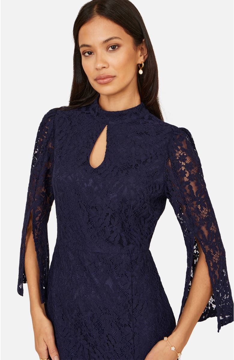 Yumi Lace Fitted Midi Dress, Alternate, color, Navy