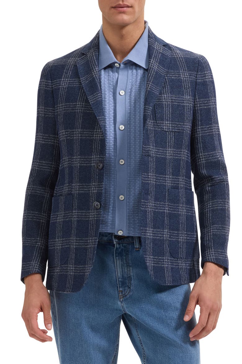 Windowpane Check Cotton & Linen Blend Blazer, Main, color, NAVY