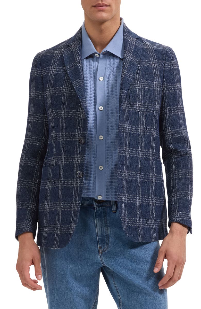 Bugatchi Windowpane Check Cotton & Linen Blend Blazer, Main, color, Navy