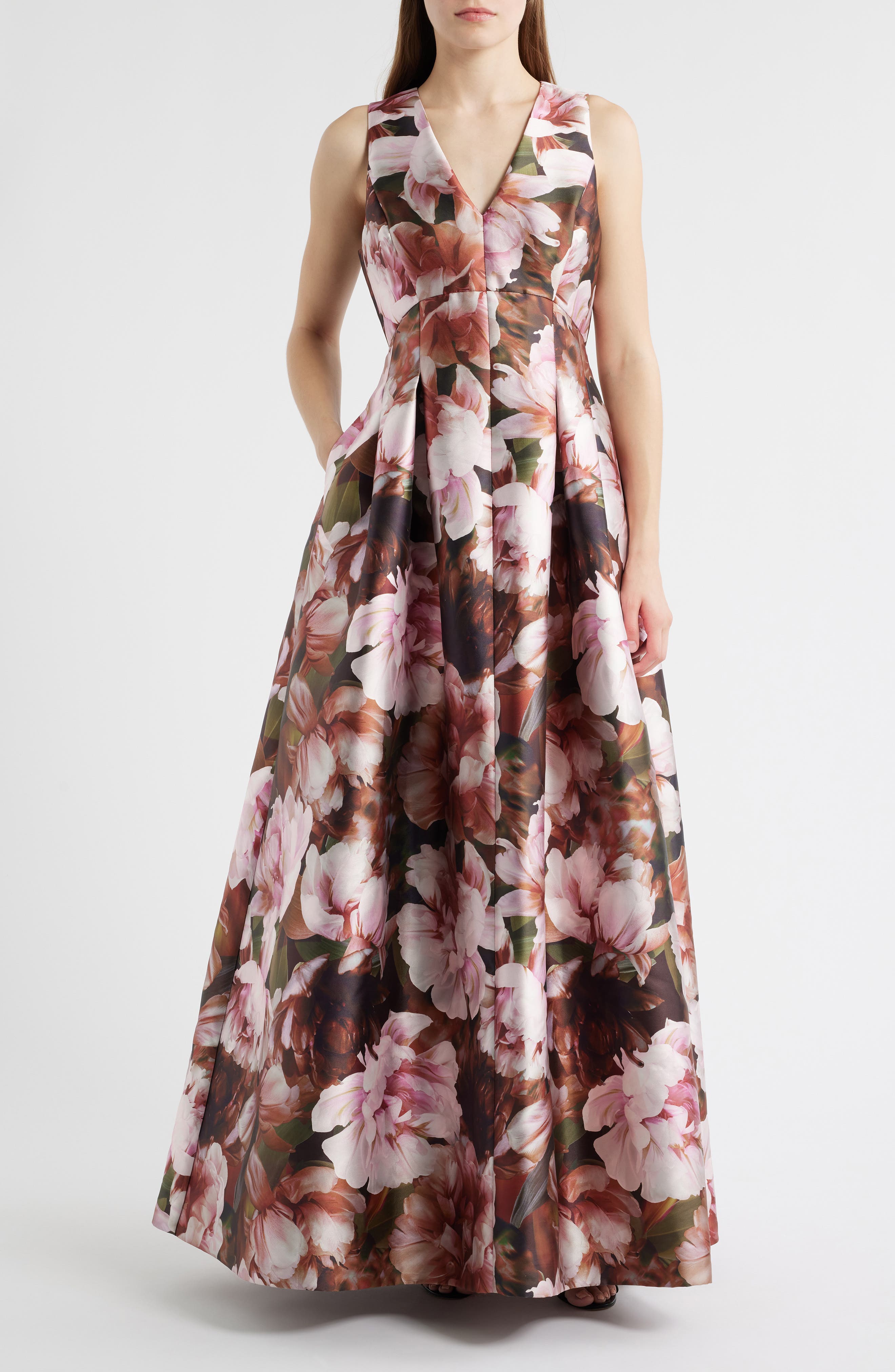 Floral Box Pleat Sleeveless Ballgown